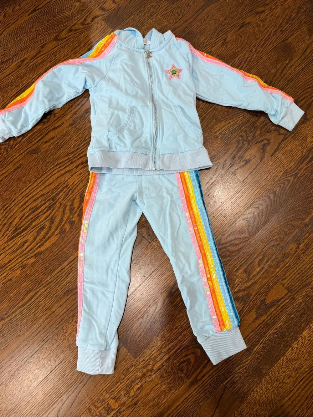 Lola And the boys sequin Light Blue Kids Rainbow Stripe Hoodie & Jogger Set, 6